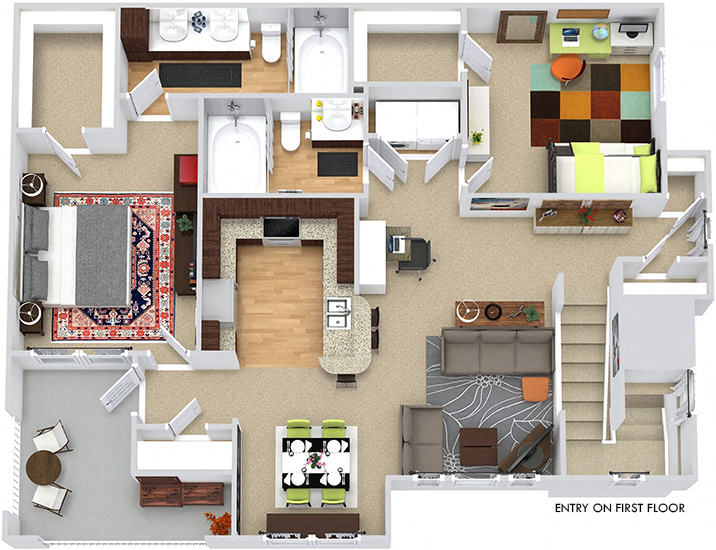 Floor plan for 2 beds, 2 baths, 1244 sqft